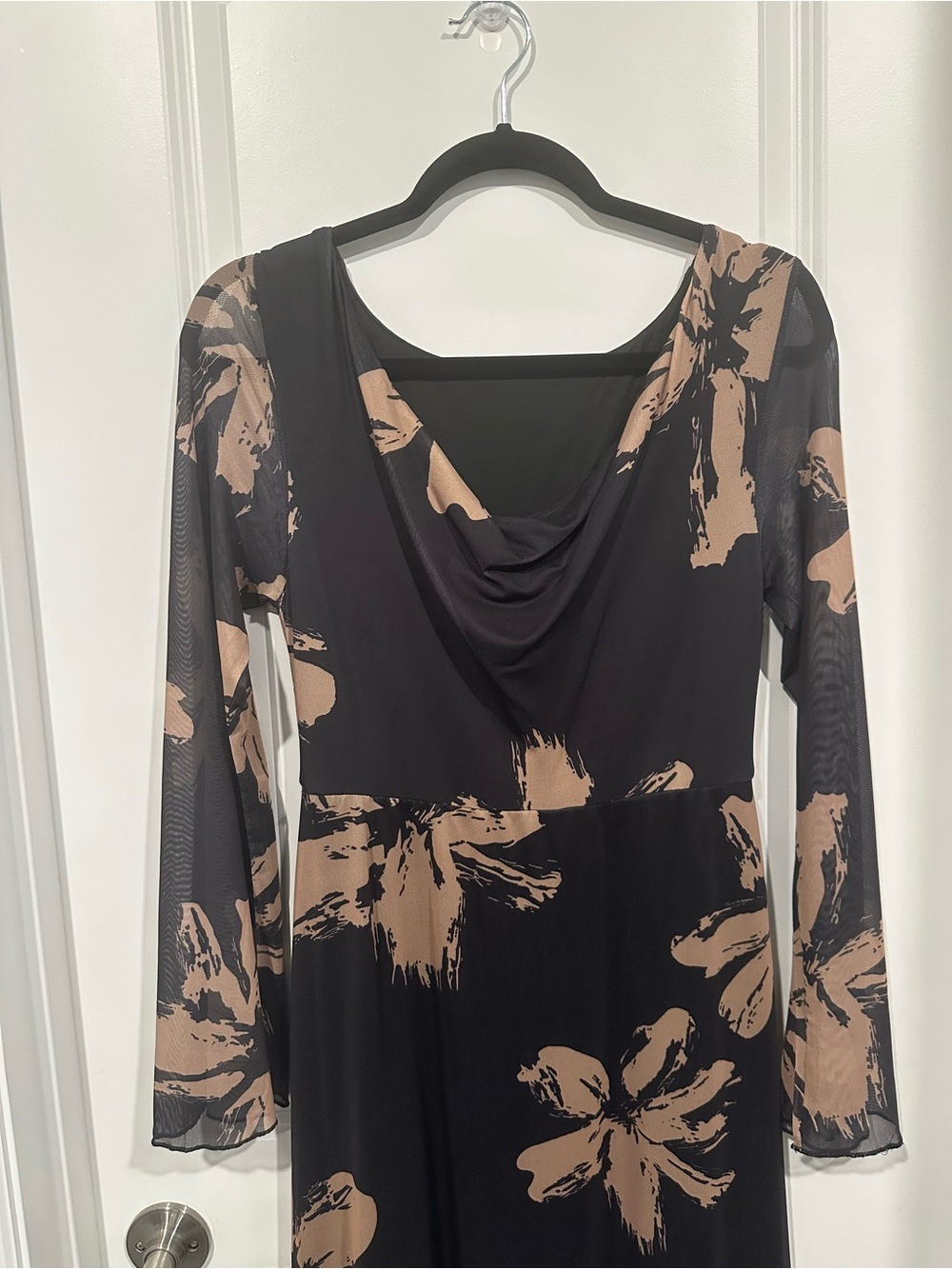 Commense Black Gown with Tan Floral Print and Sheer Long Sleeves - Picture 5 of 8